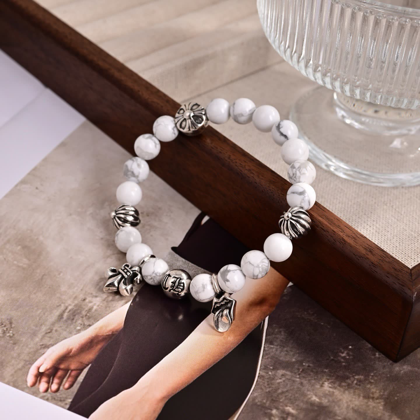 Chrome Hearts White Marble Bead Bracelet with Silver Charms